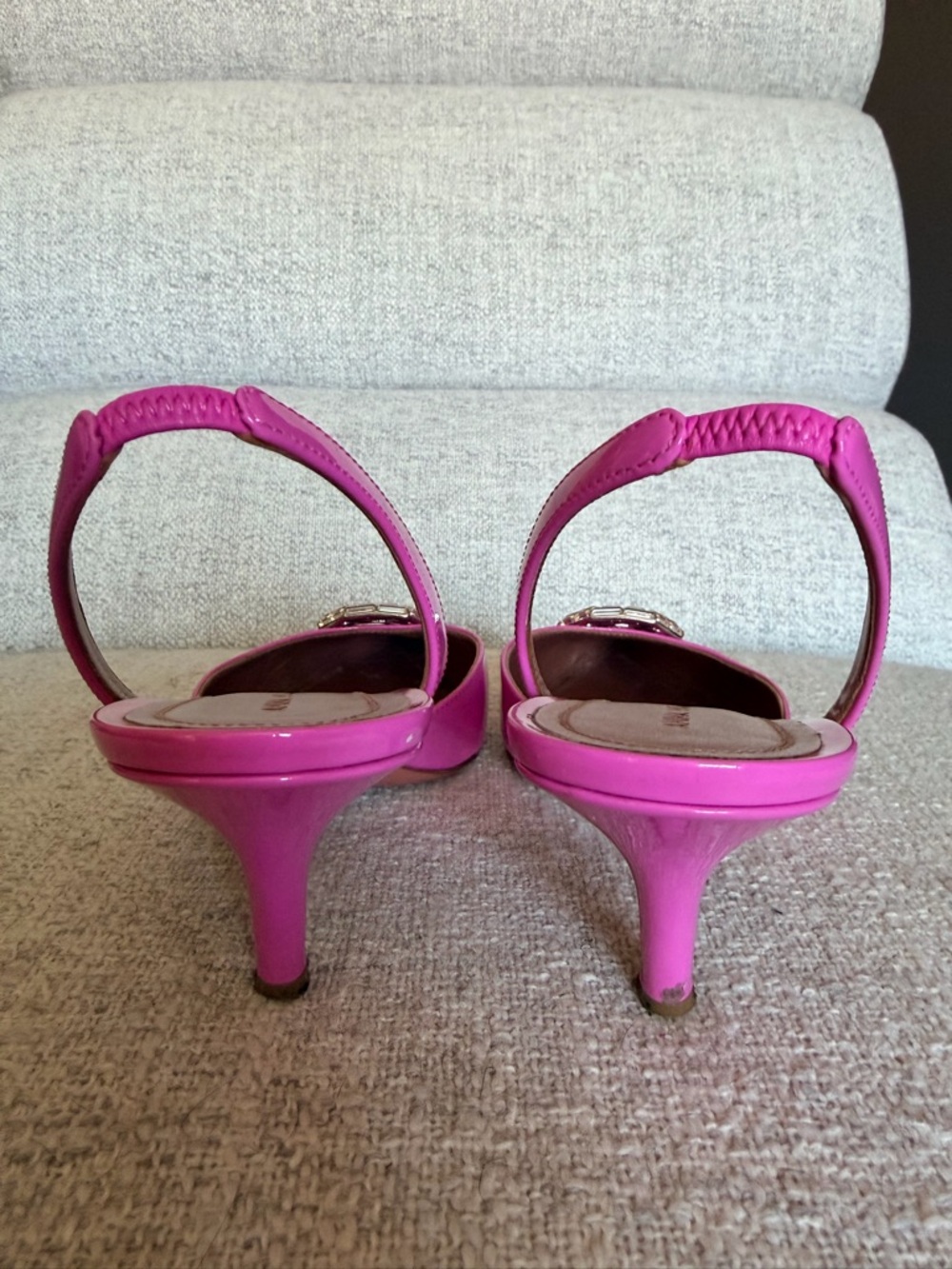 Amina Muaddi Hot Pink Patent Slingback Pumps with Crystal Octagon - Picture 4 of 6